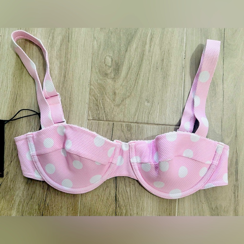 Ephemera Swimwear Polkadot Balconette Bra, Size 38 A/B Cup, Pink/White, NWT